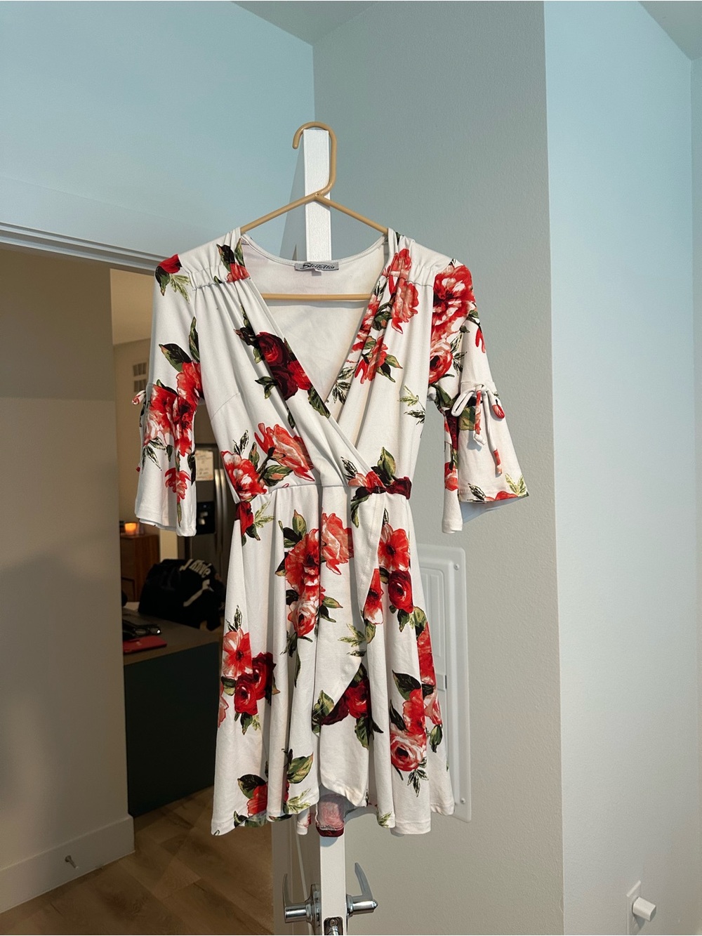 Floral Wrap Mini Dress in White with Red Roses